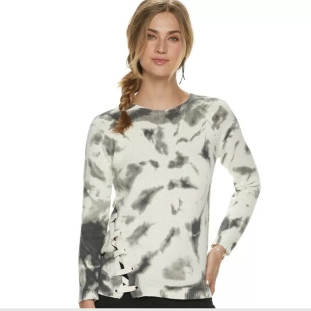 Rock & Republic Lace Side Tie Sweater - White Gray